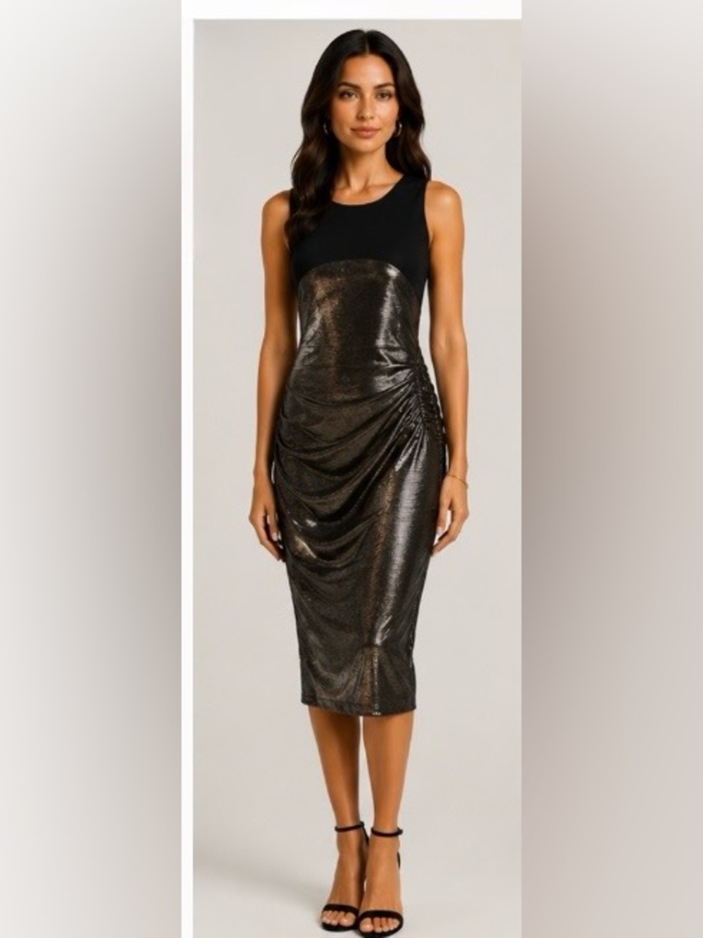 NWT-BCBG Max Azria metallic draped sheath dress- gunmetal/black style2WX5D20-GNB